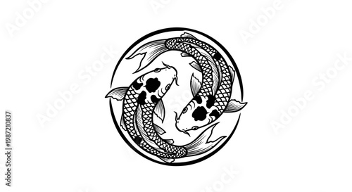 Two black and white koi fish swimming in a circular, yin-yang formation, detailed illustration.