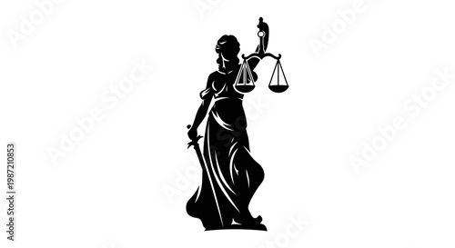 Black silhouette of Lady Justice, blindfolded, holding a sword and scales, symbolizing fairness and the legal system.