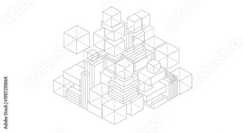 Abstract isometric wireframe drawing of a complex structure composed of stacked cubes and rectangular prisms, creating a three-dimensional grid.