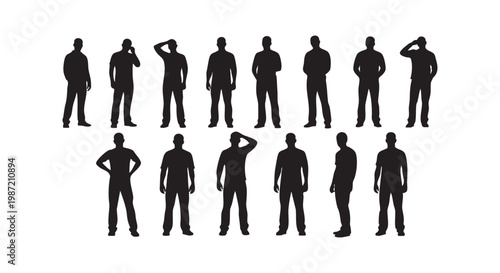 Man silhouettes collection showing various standing poses and gestures in casual clothing for male character design set.