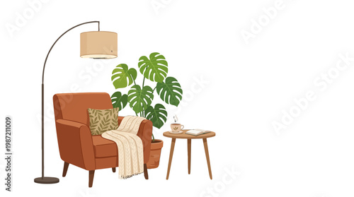 Cozy Reading Nook with Armchair Houseplant and Side Table in Modern Living Room Interior Design for Home Decor and Lifestyle