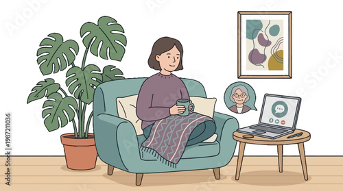 Young Woman Having a Video Call with an Elderly Person on a Laptop While Sitting on a Cozy Armchair at Home with a Potted Plant