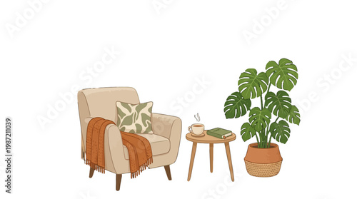 Cozy Armchair with Throw Blanket and Potted Monstera Plant in Modern Living Room Interior for Home Decor and Relaxation Lifestyle