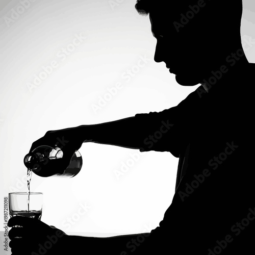Man silhouette pouring drink, liquor pouring, glass silhouette, man drinking