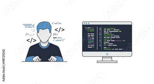 Man working on computer coding programming.