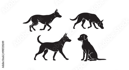 Dog silhouette collection showing different breeds and poses including sitting walking and standing pet animal vector set.