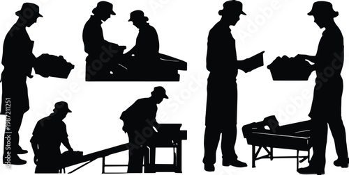 Silhouette Set Of People Sitting At Desk Working On Laptop Computer Office Staff Business Communication Professional Meeting Teamwork Collaboration Workspace Management SEO Maintain Vector