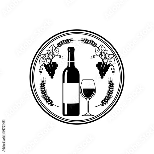 A classic emblem of a wine bottle and glass, framed by grapevines and wheat stalks