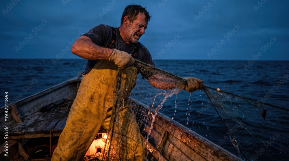 Naklejka premium Dedicated Fisherman Hauls in Net from Boat at Dusk on Open Sea.