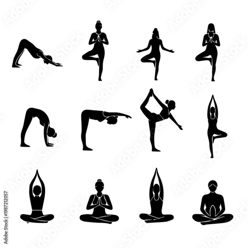 Collection of Silhouettes of People Performing Various Yoga Poses on a White Background