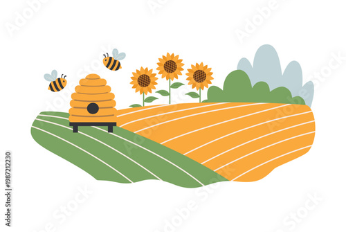 Beehive in a sunflower field with flying bees, rural landscape with apiary and farm garden, organic honey production vector illustration