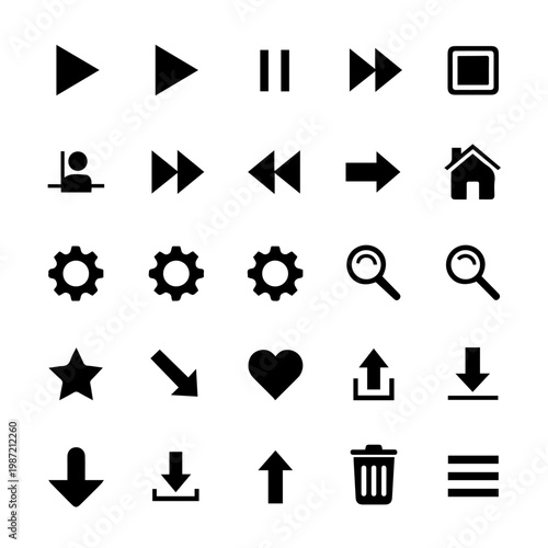 Collection of essential user interface icons representing playback, navigation, and common actions