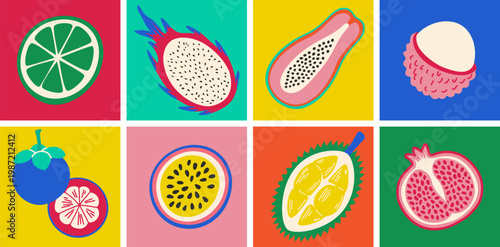 Colorful flat vector set of exotic tropical fruits background. Minimalist icons of dragon fruit, papaya, durian, and mangosteen for healthy food design and summer patterns.