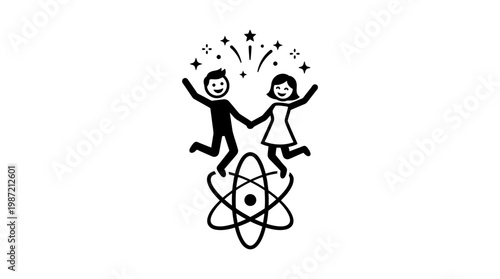 Excited Couple Jumping Over Science Atom Symbol