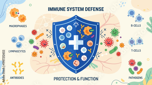 Detailed illustration of the human immune system's comprehensive defense mechanisms, showcasing its vital cells and antibodies protecting the body from pathogens and diseases