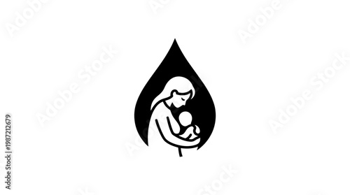 Silhouette Logo of Mother Breastfeeding Baby in Water Drop
