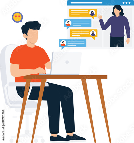 Man sitting remote working video conference online meeting virtual communication digital chat laptop computer flat design social networking home office desk work