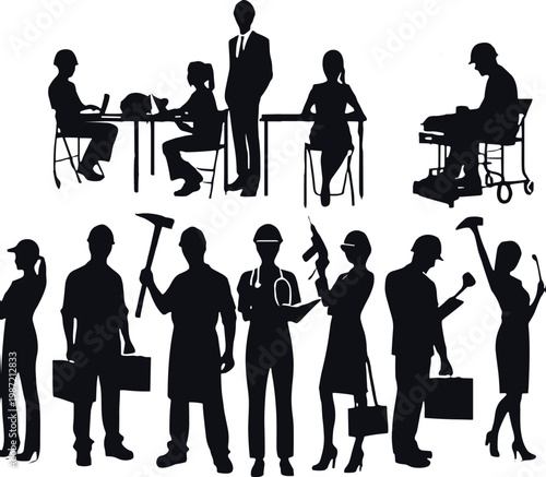 Professional Workers Silhouette Set Diverse Occupations Including Construction Laborer Doctor Businessman Office Staff Engineer And Service Industry Career Collection Graphic