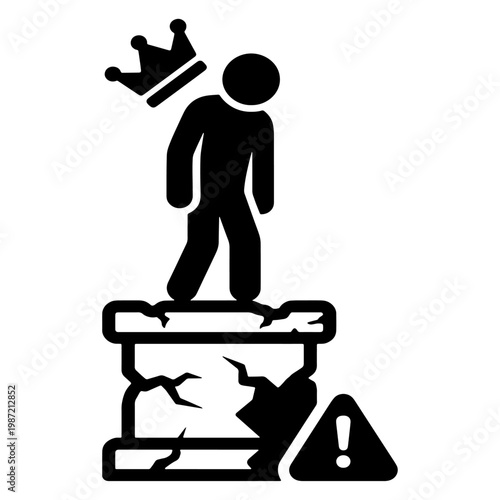 King Falling from Cracked Pedestal with Warning Sign - Leadership Crisis Power Loss Downfall Concept Vector Icon