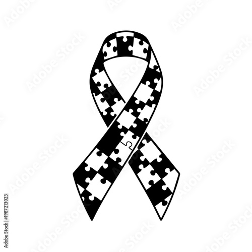 Awareness ribbon filled with a jigsaw puzzle pattern, a symbolic representation of support and understanding