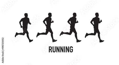 Four black silhouettes of male runners in various stages of a stride, representing healthy lifestyle and physical activity.