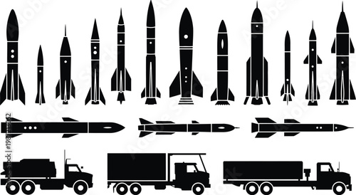 Rocket, and missile silhouette, collection, military ballistic weapons and space launch vehicles with transport trucks vector illustration isolated on white background.