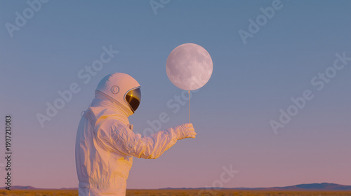 Astronaut holding moon like a balloon at sunset, surreal minimalist space concept with soft pastel sky and cinematic lighting
