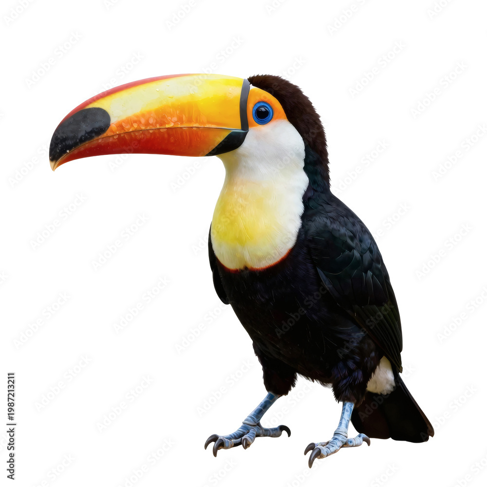 Fototapeta premium Colorful toucan stands on its talons against a white background in full view