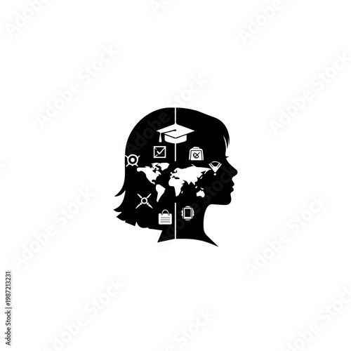 Double exposure silhouette of a woman's profile with symbols of life goals and knowledge inside