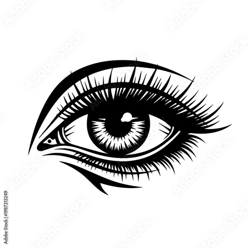 Stylized monochrome vector illustration of a beautiful human eye with long dramatic eyelashes