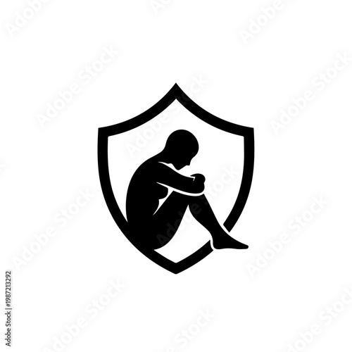 Stylized graphic of a person curled within a shield, representing psychological safety, emotional support, and personal security