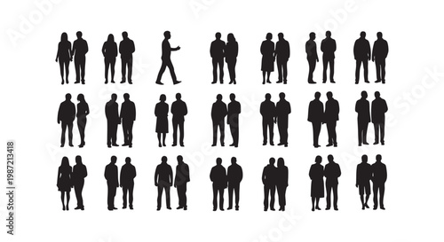 Group of diverse people silhouettes standing together in black on white vector.