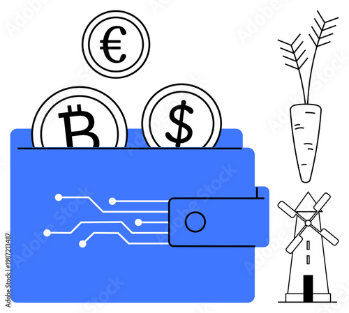 Cryptocurrency, digital finance, blockchain, renewable energy, sustainability, agriculture. Wallet with Bitcoin, Euro and Dollar coins carrot and windmill. Cryptocurrency and digital finance