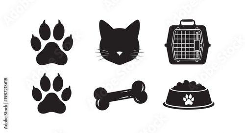Pet care icons set with cat face paw prints bone food bowl and carrier silhouette illustration for veterinary services.