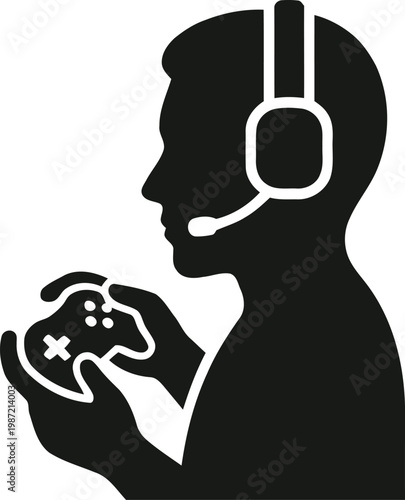 Silhouette gamer with headset and controller, esports and gaming concept illustration