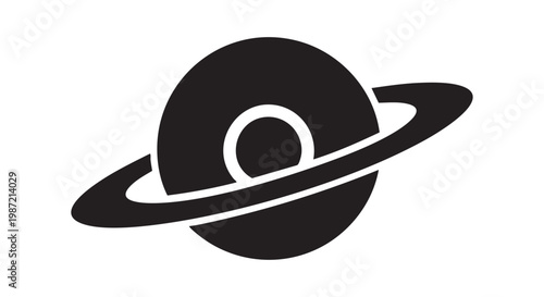 Planet with rings black silhouette, cosmic body orbiting space, science and astronomy graphic element icon.
