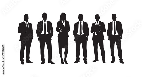 Group of six business people silhouettes, men and woman in suits standing together, corporate team concept.