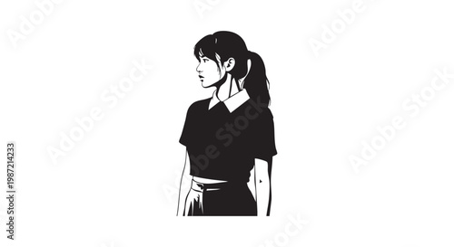Portrait silhouette of a young woman with ponytail, looking sideways with thoughtful expression, wearing collared shirt.