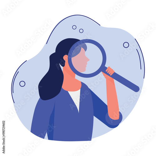 Illustration of a woman holding a magnifying glass, examining her own profile against a light blue abstract background with circular shapes and soft lines