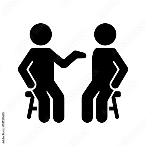 Two stickman talking while sitting icon. Stick figure cute cartoon.