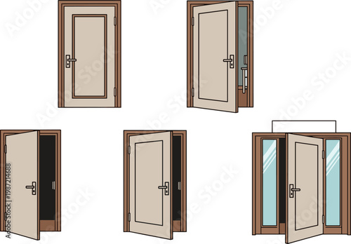 Collection of modern wooden doors, open and closed positions, interior entrance design, realistic isolated objects, home architecture concept illustration set