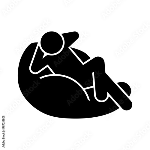 Relaxing person sitting in a bean bag chair icon. Stick figure stickman icon.