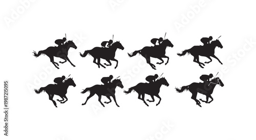 Horse racing silhouettes set featuring jockeys riding thoroughbreds in gallop motion during equestrian sport competition.