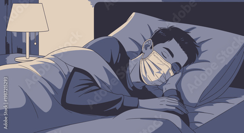 Sick man sleeping in bed with face mask, illness concept, healthcare vector illustration, medical quarantine, night rest