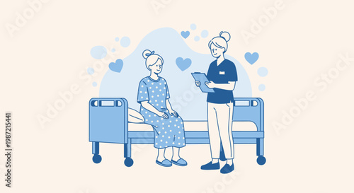 Elderly care, healthcare, medical icons, nursing, caregiver, blue vector illustrations, 2D graphics, hospital bed, senior patient, medical professional