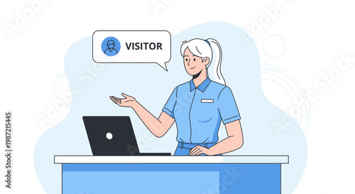 Receptionist, female assistant, visitor welcome, customer service, blue uniform, vector illustration