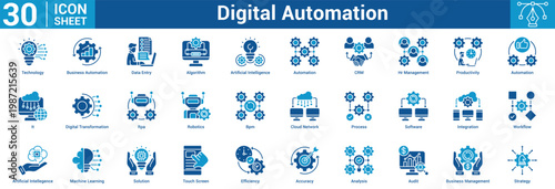 Digital Automation editable icon set vector illustration concept for business with icon of Technology, Business Automation, Data Entry, Algorithm, Artificial Intelligence, Automation, CRM, H.