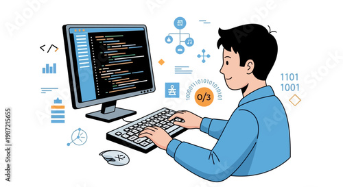 Man Working on Computer Coding Programming.