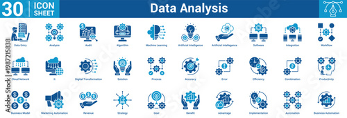 Data Analysis editable icon set vector illustration concept for business with icon of Data Entry, Analysis, Audit, Algorithm, Machine Learning, Artificial Intelligence, Artificial Intellegence.