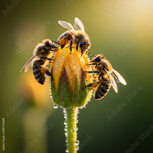Bees Gathering Nectar on a Bud in Sunlight.